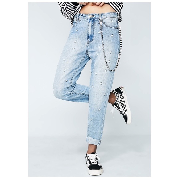 Insight Tina Tapered Daisy Stone Washed Embroidered High Rise Boyfriend Jeans 24 - Picture 1 of 16